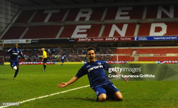 Jose Baxter of Oldham Athletic celebrates the third goal during the FA Cup with Budweiser Third Round match Nottingham Forest and Oldham Athletic at...