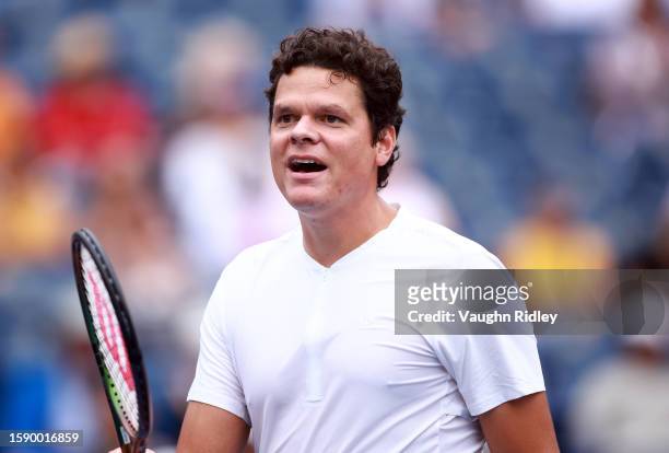 Milos Raonic of Canada reacts after a missed shot against Mackenzie McDonald of the United States during Day Four of the National Bank Open, part of...