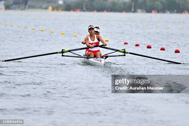 Sarah Stacey and Makeda Harrison of Canada compete in the Women's Pair during the World Rowing Under 19 Championships at Vaires-sur-Marne Nautical...