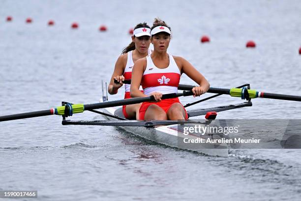 Sarah Stacey and Makeda Harrison of Canada compete in the Women's Pair during the World Rowing Under 19 Championships at Vaires-sur-Marne Nautical...