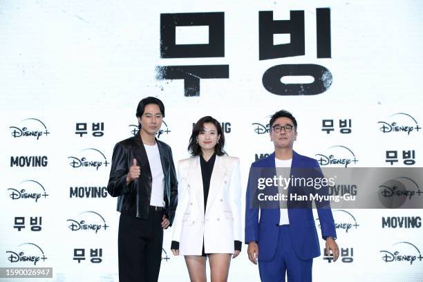 South Korean actors Zo In-Sung, Han Hyo-Joo and Ryu Seung-Ryong attend the Disney+ 'Moving' a press conference at the Grand Intercontinental Hotel on...