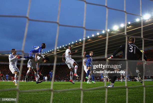 Branislav Ivanovic of Chelsea scores a header for their third goal during the FA Cup Third Round match between Southampton and Chelsea at St Mary's...
