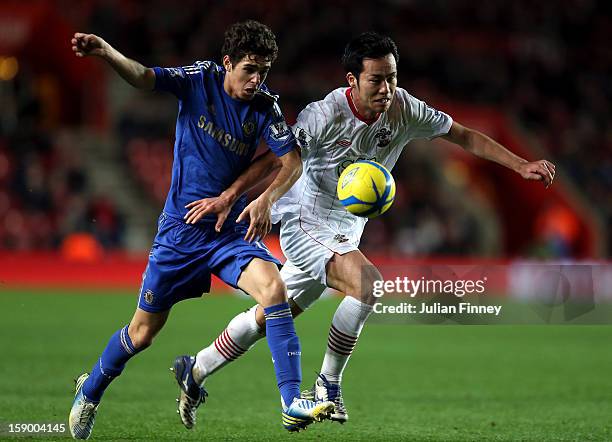 Maya Yoshida of Southampton battles with Oscar of Chelsea during the FA Cup Third Round match between Southampton and Chelsea at St Mary's Stadium on...