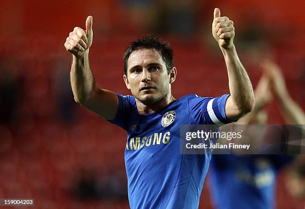Frank Lampard of Chelsea thanks the support after the FA Cup Third Round match between Southampton and Chelsea at St Mary's Stadium on January 5,...