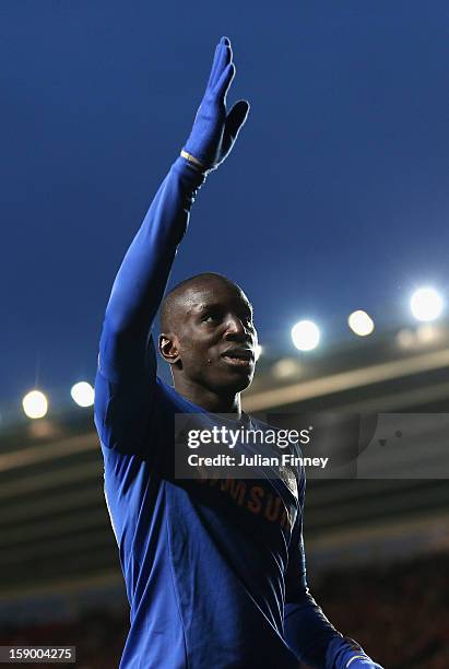 Demba Ba of Chelsea celebrates scoring his first and his teams fourth goal during the FA Cup Third Round match between Southampton and Chelsea at St...