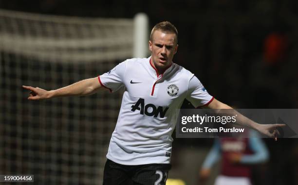 Tom Cleverley of Manchester United celebrates scoring their first goal during the FA Cup Third Round match between West Ham United and Manchester...