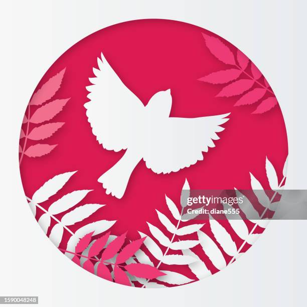 ilustraciones, imágenes clip art, dibujos animados e iconos de stock de cortar gorrión de papel con hojas sobre un fondo rosa. - sombra paralela
