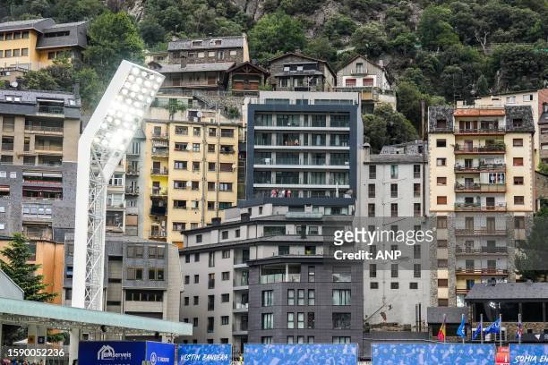 Buildings behind the stadium in the third qualifying round of the UEFA Conference League between FC Santa Coloma and AZ at Estadio de Andorra on...