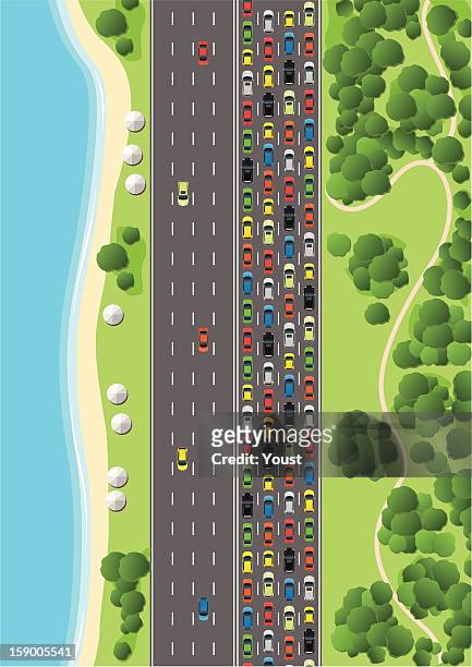 traffic jam on multiple lane highway - elevated view stock illustrations