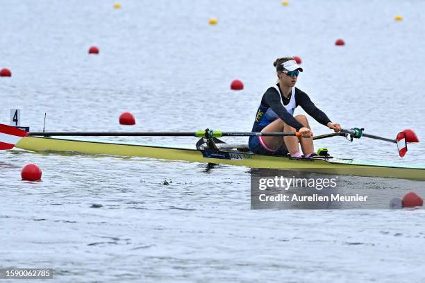 Greta Haider of Austria competes in the Women's Single Sculls during the World Rowing Under 19 Championships at Vaires-sur-Marne Nautical Stadium on...