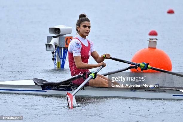 Hela Belhaje Mohamed of Tunisia competes in the Women's Single Sculls during the World Rowing Under 19 Championships at Vaires-sur-Marne Nautical...