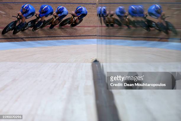 General view of Simone Consonni of Italy, Filippo Ganna of Italy, Francesco Lamon of Italy, Jonathan Milan of Italy compete during the men elite team...
