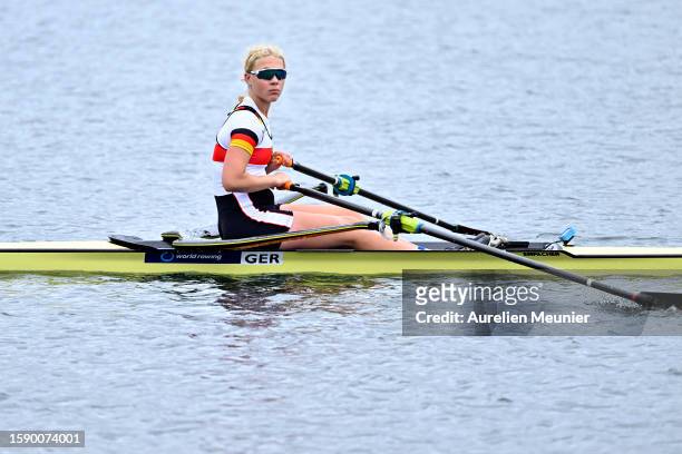Julia Stoeber of Germany looks on before the Women's Single Sculls during the World Rowing Under 19 Championships at Vaires-sur-Marne Nautical...