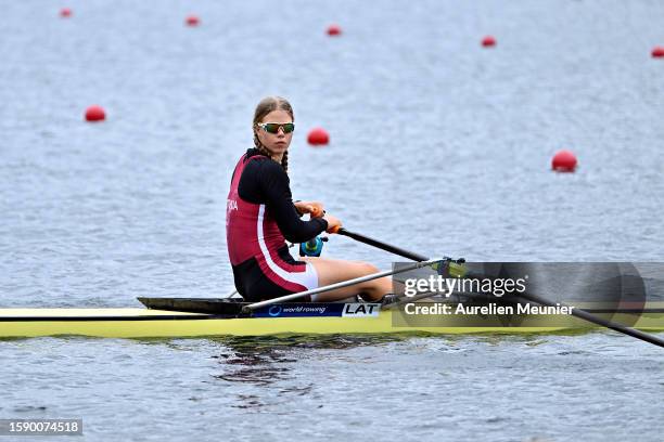 Evija Freimane of Latvia looks on before the Women's Single Sculls during the World Rowing Under 19 Championships at Vaires-sur-Marne Nautical...