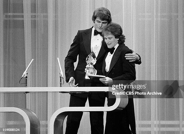 Christopher Reeve presenting Robin Williams of "Mork and Mindy" with the Favorite Male Performer in a New TV Program on the 1979 People's Choice...