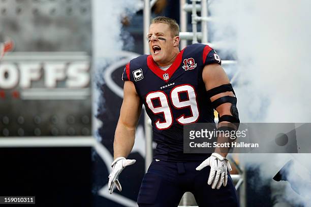 Watt of the Houston Texans takes the field during player introductions against the Cincinnati Bengals during their AFC Wild Card Playoff Game at...