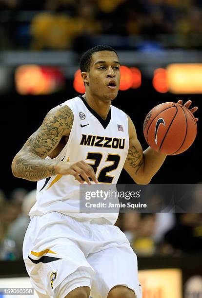 Jabari Brown of the Missouri Tigers controls the ball during the game against the Bucknell Bison at Mizzou Arena on January 5, 2013 in Columbia,...