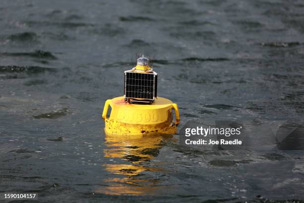 Florida International University research buoy floats in Biscayne Bay on August 03, 2023 in Miami, Florida. The buoy is used by researchers at the...