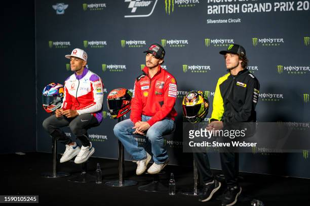 Jorge Martin of Spain and Prima Pramac Racing, Francesco Bagnaia of Italy and Ducati Lenovo Team and Marco Bezzecchi of Italy and Mooney VR46 Racing...
