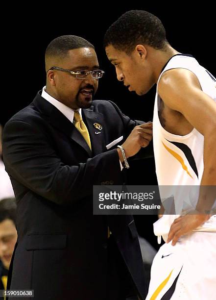 Head coach Frank Haith of the Missouri Tigers instructs Jabari Brown during the game against the Bucknell Bison at Mizzou Arena on January 5, 2013 in...