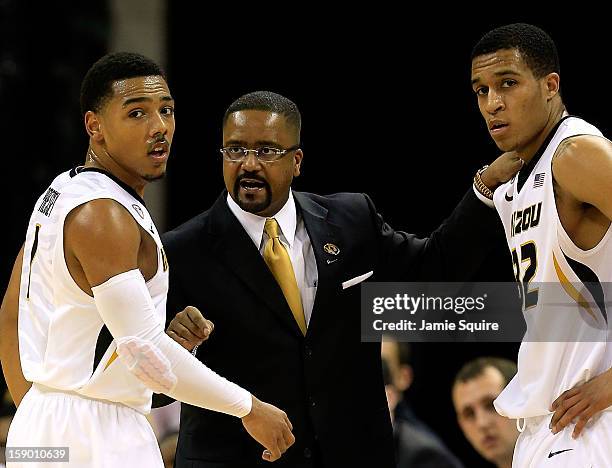 Head coach Frank Haith of the Missouri Tigers instructs Phil Pressey and Jabari Brown during the game against the Bucknell Bison at Mizzou Arena on...