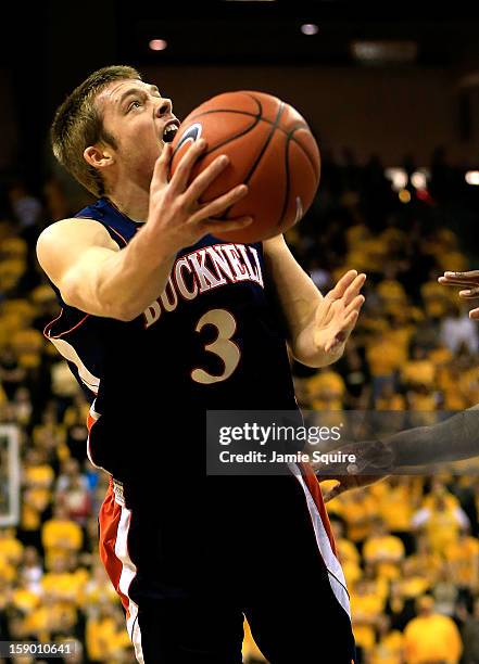 Steven Kaspar of the Bucknell Bison drives during the game against the Missouri Tigers at Mizzou Arena on January 5, 2013 in Columbia, Missouri.