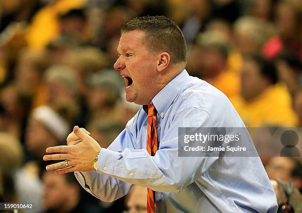 Head coach Dave Paulsen of the Bucknell Bison reacts from the bench during the game against the Missouri Tigers at Mizzou Arena on January 5, 2013 in...