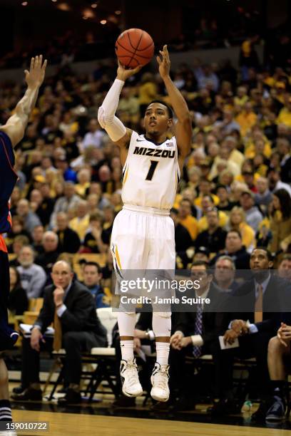 Phil Pressey of the Missouri Tigers shoots a jumpshot during the game against the Bucknell Bison at Mizzou Arena on January 5, 2013 in Columbia,...