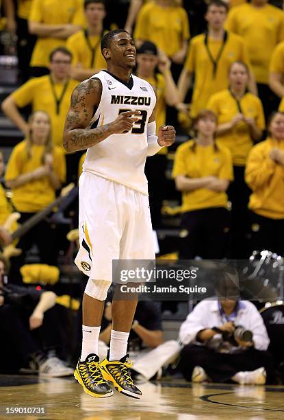 Earnest Ross of the Missouri Tigers reacts after scoring during the game against the Bucknell Bison at Mizzou Arena on January 5, 2013 in Columbia,...