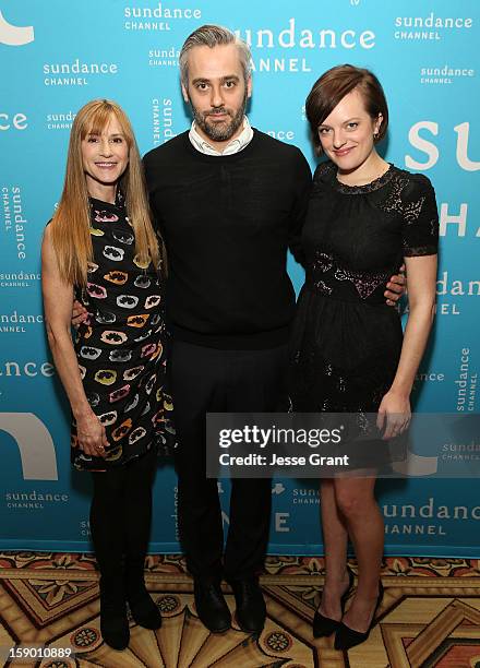 Actress Holly Hunter, executive producer Iain Canning and actress Elisabeth Moss attend the Sundance Channel 2013 Winter TCA Panel at The Langham...