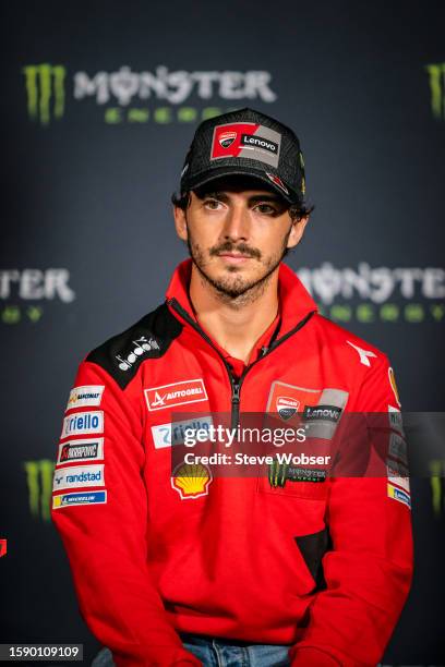 Francesco Bagnaia of Italy and Ducati Lenovo Team looks on at the press conference ahead of the MotoGP Monster Energy British Grand Prix at...