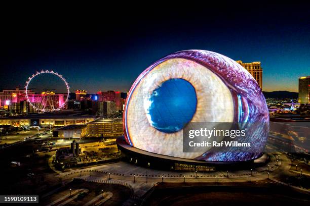 the sphere in las vegas, nevada, usa.  aerial drone shot. eye. - las vegas crazy stock pictures, royalty-free photos & images