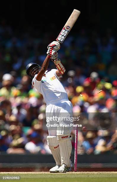 Suranga Lakmal of Sri Lanka is bowled by Mitchell Johnson of Australia during day four of the Third Test match between Australia and Sri Lanka at...