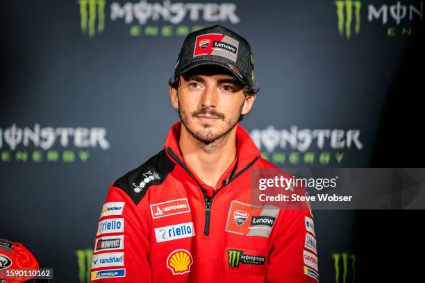 Francesco Bagnaia of Italy and Ducati Lenovo Team looks on at the press conference ahead of the MotoGP Monster Energy British Grand Prix at...