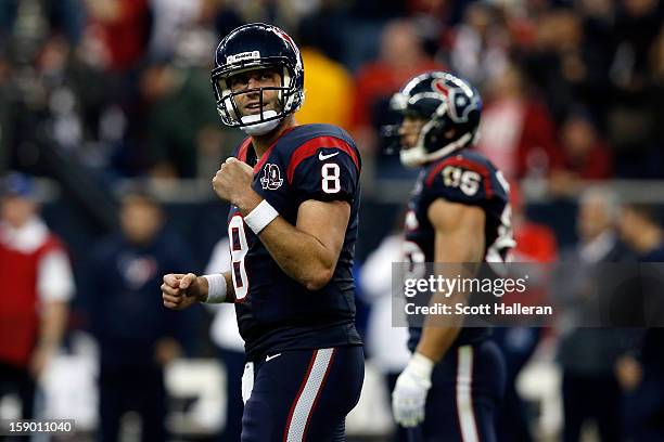 Matt Schaub of the Houston Texans reacts against the Cincinnati Bengals during their AFC Wild Card Playoff Game at Reliant Stadium on January 5, 2013...