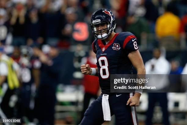 Matt Schaub of the Houston Texans reacts against the Cincinnati Bengals during their AFC Wild Card Playoff Game at Reliant Stadium on January 5, 2013...