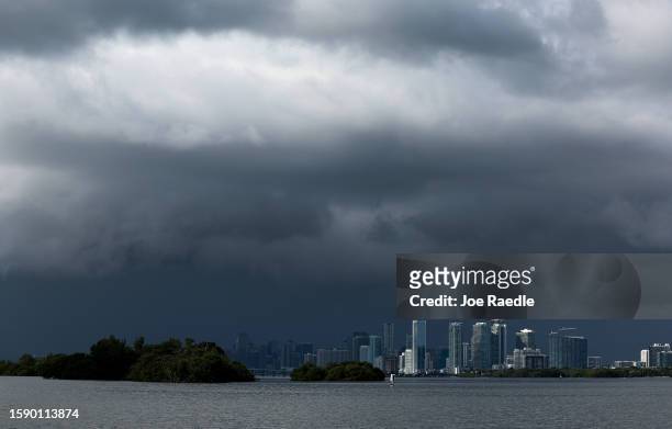 Storm clouds are seen over Biscayne Bay as researchers with the Florida International University monitor the bay's health with data from floating...