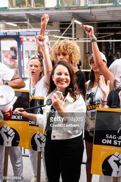 Samantha Mathis, Fran Drescher and Michelle Hurd are seen at the SAG-AFTRA strike in Greenwich Village on August 03, 2023 in New York City.