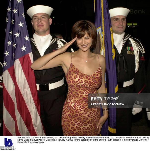 Catherine Bell, center, star of CBS's top-rated military action television drama, JAG, arrives at the the Ventura County Naval Base in Beverly Hills,...
