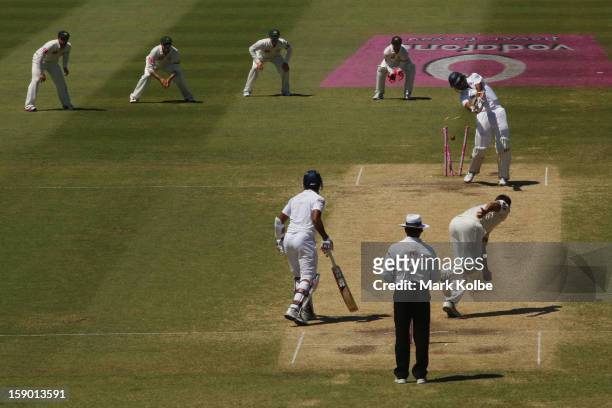 Suranga Lakmal of Sri Lanka of Sri Lanka is bowled by Mitchell Johnson of Australia during day four of the Third Test match between Australia and Sri...