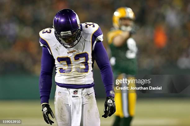 Strong safety Jamarca Sanford of the Minnesota Vikings reacts in the third quarter against the Green Bay Packers during the NFC Wild Card Playoff...