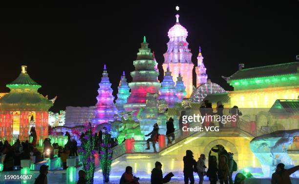 Tourists visit the opening of the 29th Harbin International Ice and Snow Festival, touted as the world's biggest ice and snow festival, on January 5,...