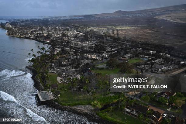 An aerial view of Lahaina after wildfires burned through the town on the Hawaiian island of Maui, on August 10, 2023. At least 36 people have died...