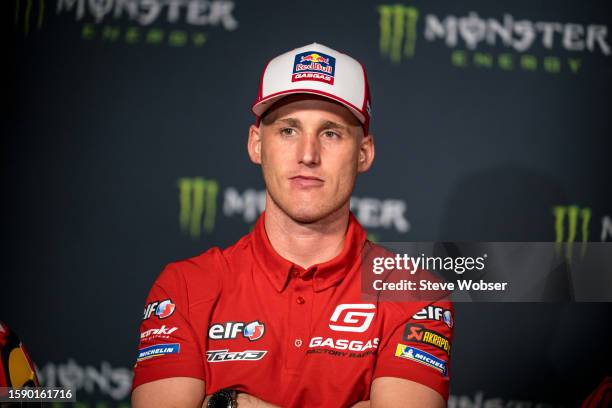 Pol Espargaro of Spain and Tech3 GASGAS Factory Racing looks on during the press conference ahead of the MotoGP Monster Energy British Grand Prix at...