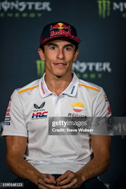 Marc Marquez of Spain and Repsol Honda Team speaks to the media during the press conference ahead of the MotoGP Monster Energy British Grand Prix at...