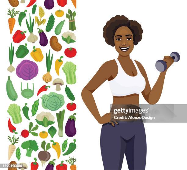 ilustraciones, imágenes clip art, dibujos animados e iconos de stock de mujeres afroamericanas perdiendo peso. comer alimentos saludables. vegetariano, vitaminas, alimentos naturales y frescos. - fat female cartoon characters