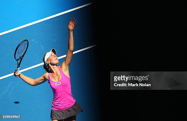 Olivia Rogowska of Australia serves in her first round match against Maria Kirilenko of Russia during day one of the Sydney International at Sydney...