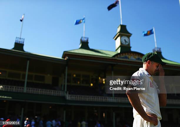 Michael Hussey of Australia looks on after playing his last last test match during day four of the Third Test match between Australia and Sri Lanka...