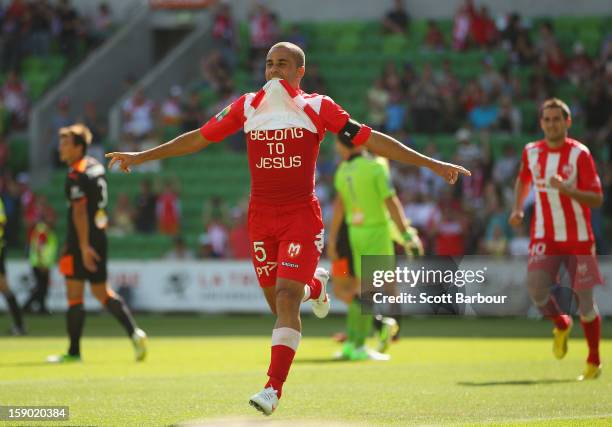 Fred of the Heart celebrates after scoring his teams third goal during the round 15 A-League match between the Melbourne Heart and the Brisbane Roar...