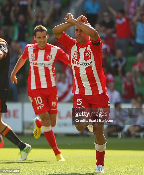 Fred of the Heart celebrates after scoring his teams third goal during the round 15 A-League match between the Melbourne Heart and the Brisbane Roar...